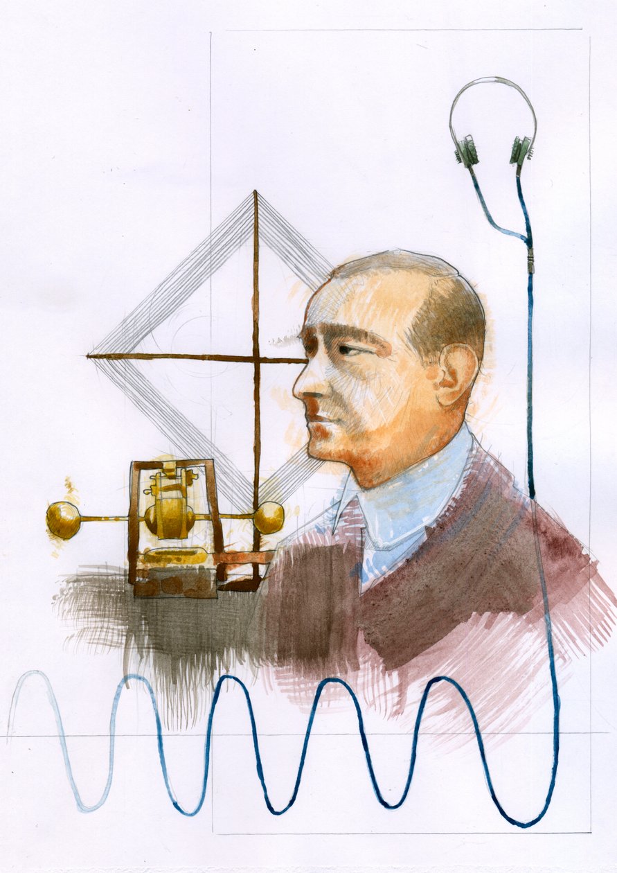 Portræt af Guglielmo Marconi (1874-1937), italiensk fysiker, opfinder af telegrafen" (Portræt af Guglielmo Marconi, italiensk opfinder og elektroingeniør, kendt for sit banebrydende arbejde med radiotransmission over lang afstand og for sin udvikling af af Alessandro Lonati