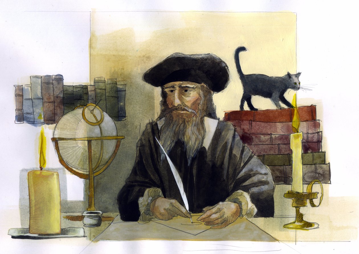 Portræt af Michel de Notre Dame (Nostradamus) Engelsk astrolog - Portræt af Nostradamus, Michel de Notre Dame (1503-1566) astrolog og læge francais Illustration af Alessandro Lonati af Alessandro Lonati
