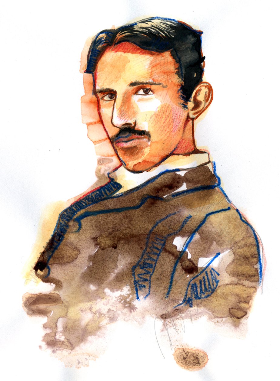 Portræt af Nikola Tesla amerikansk opfinder og ingeniør af serbisk oprindelse (Portræt af serbisk amerikansk Nikola Tesla opfinder, elektroingeniør, maskiningeniør, fysiker) af Alessandro Lonati