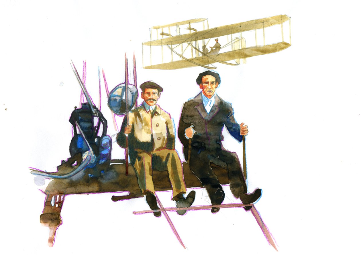 Portræt af Orville (1871-1948) og Wilbur Wright (1867-1912) amerikanske pionerer inden for luftfart (Wright-brødre, Orville og wilbur amerikanske brødre, opfindere og luftfartspionerer) af Alessandro Lonati