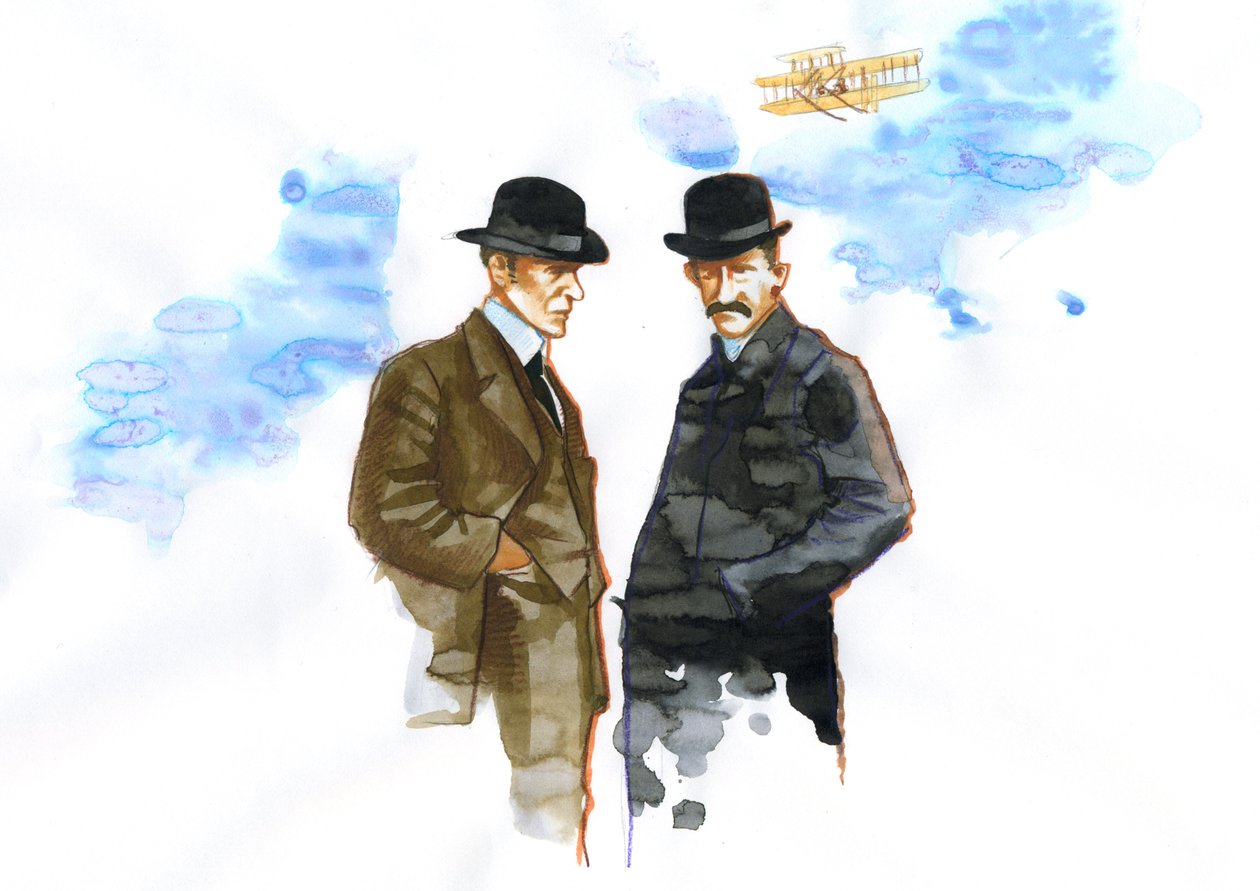 Portræt af Orville (1871-1948) og Wilbur Wright (1867-1912) amerikanske pionerer inden for luftfart (Wright-brødre, Orville og wilbur amerikanske brødre, opfindere og luftfartspionerer) af Alessandro Lonati