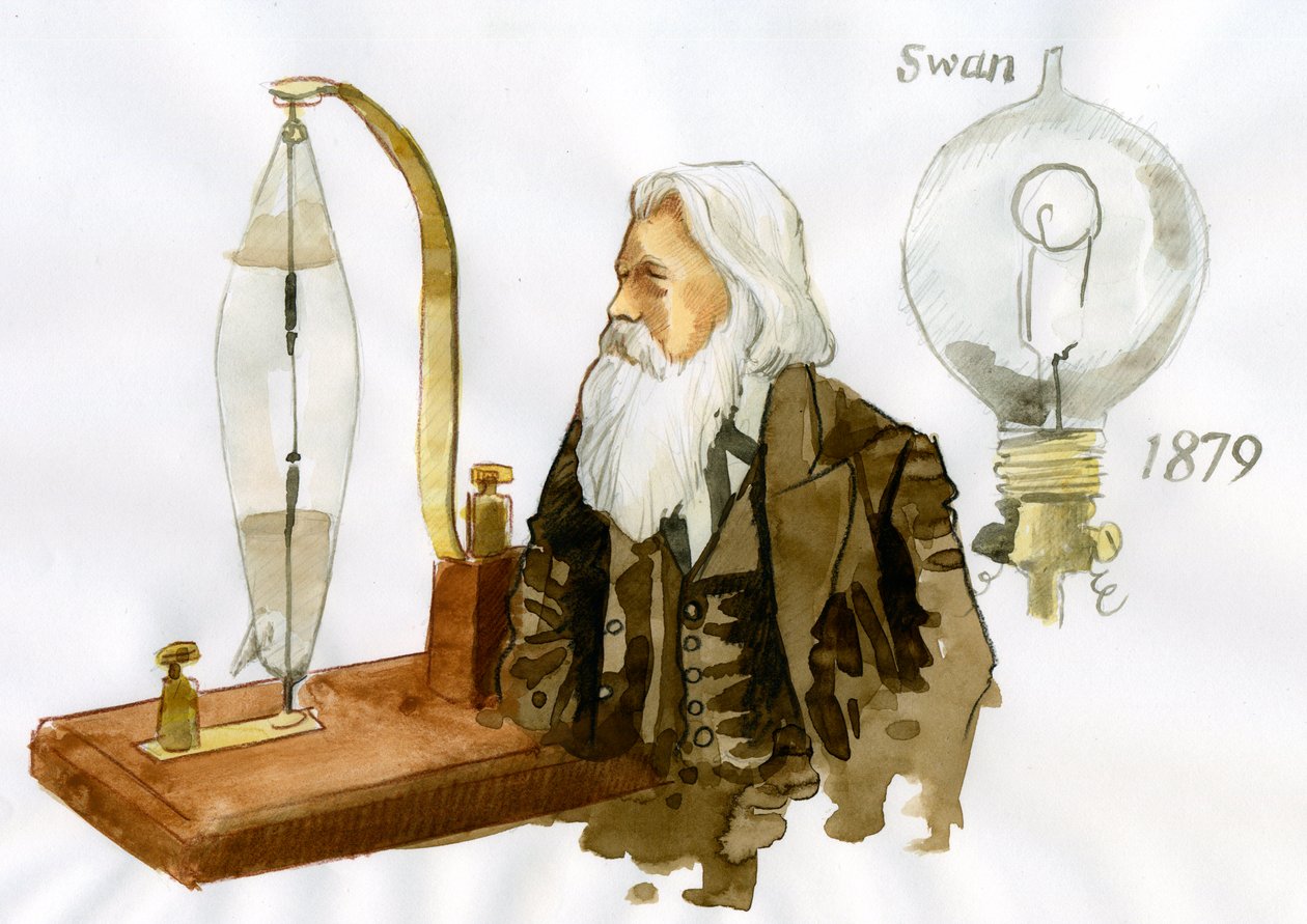Portræt af Sir Joseph Wilson Swan (1828-1914) britisk elektriker og kemiker (Portræt af den britiske fysiker og kemiker Joseph Swan) af Alessandro Lonati