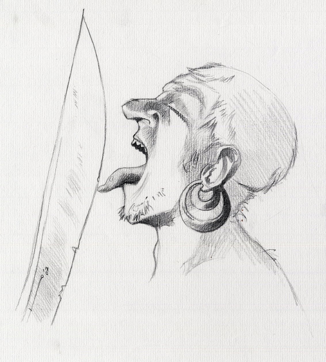 Portræt af en pirat (privatmand), der trodser sværdet ved at røre det med tungen. Tegning af Alessandro Lonati. af Alessandro Lonati