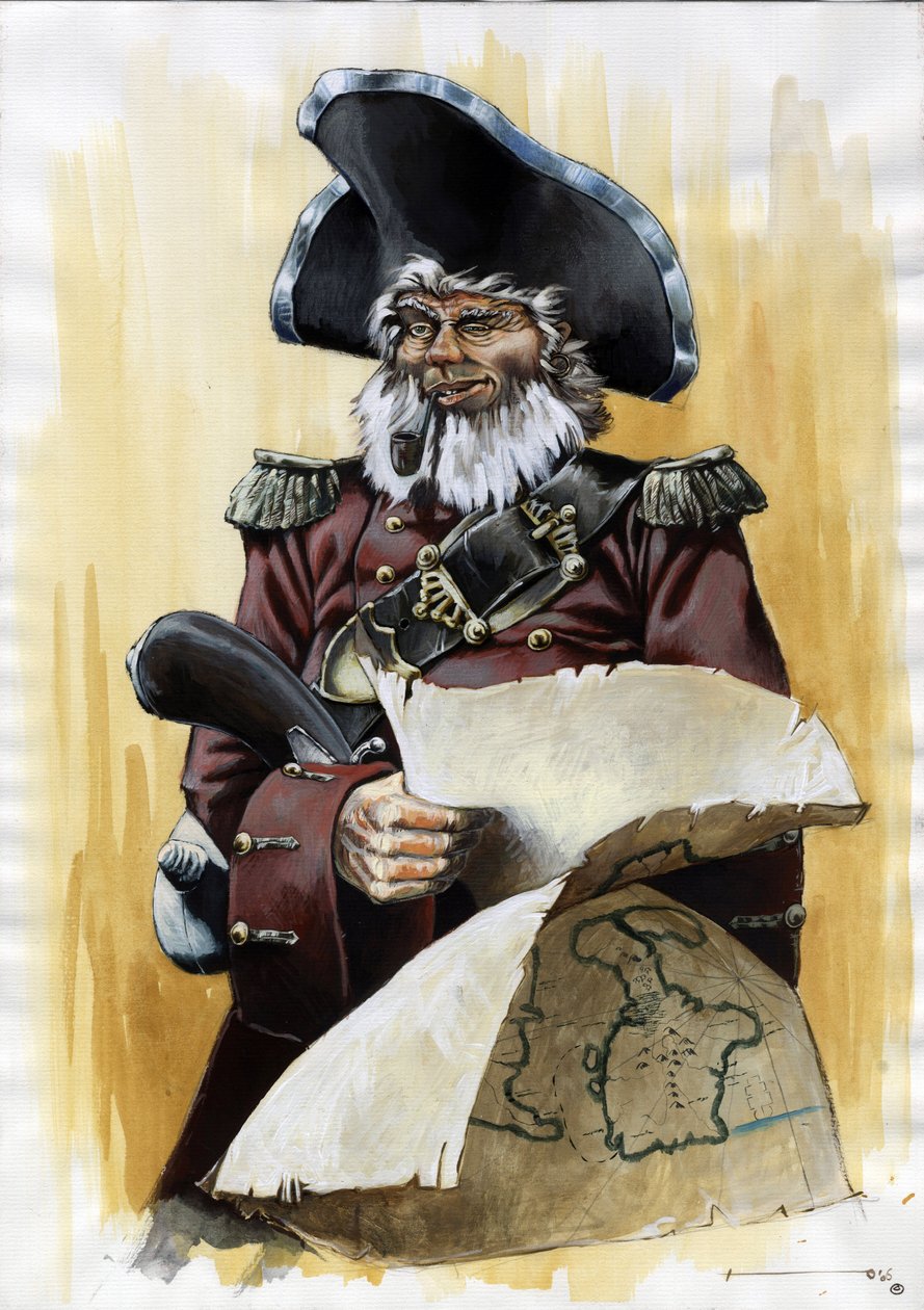 Portræt af en pirat (privatmand) eller sømand iført en tricorn med et kort over skattemesteren i hænderne. Farvetegning af Alessandro Lonati. af Alessandro Lonati