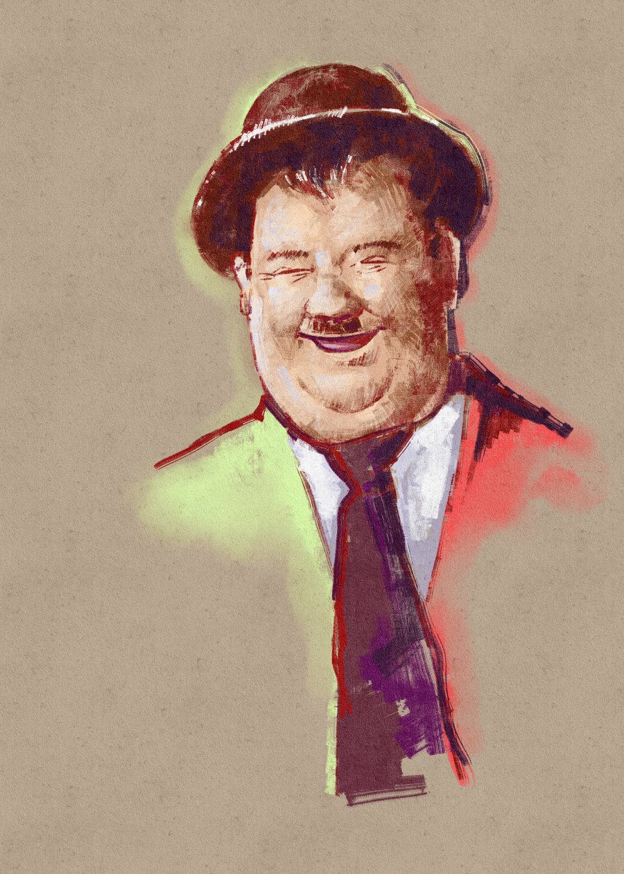 Portræt af komikeren Oliver Hardy (illustration) af Alessandro Lonati