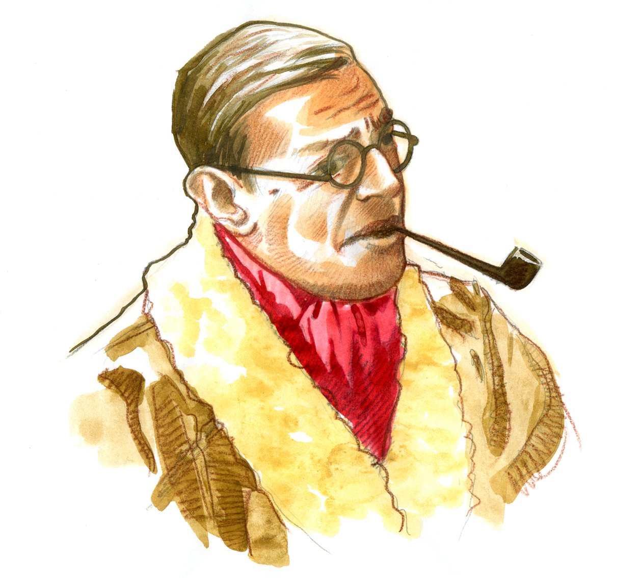 Portræt af den franske forfatter, filosof og dramatiker Jean-Paul (Jean Paul) Sartre Tegning af Alessandro Lonati