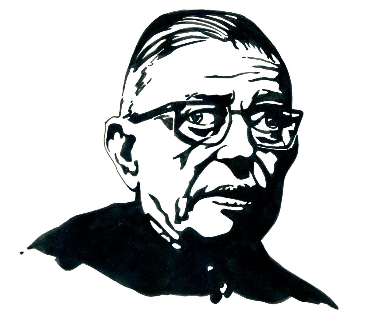 Portræt af den franske forfatter, filosof og dramatiker Jean-Paul (Jean Paul) Sartre Tegning af Alessandro Lonati