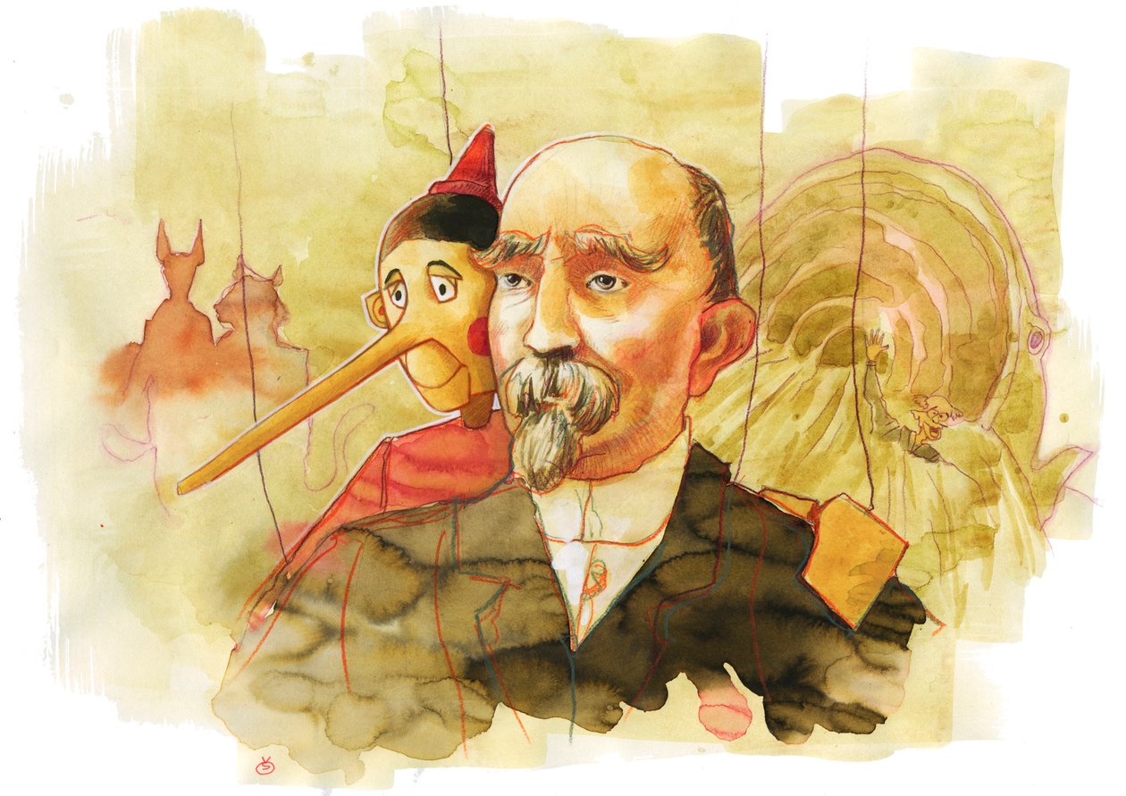 Portræt af den italienske forfatter Carlo Collodi (1826-1890) forfatter til karakteren Pinocchio (Portræt af den italienske forfatter Carlo Collodi) af Alessandro Lonati