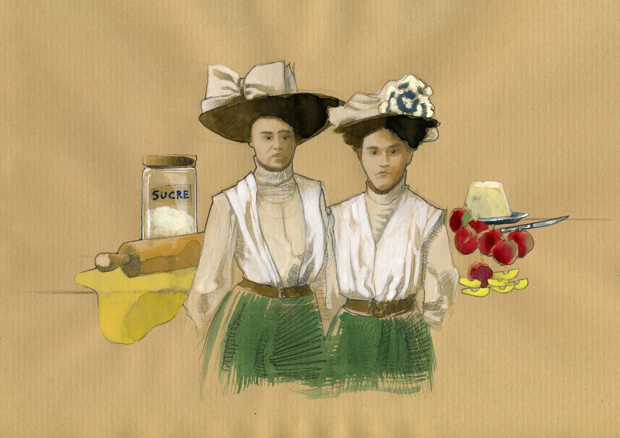 Portræt af søstrene Stephanie (1838-1917) og Caroline Tatin (1847-1911), der opfandt desserten francais tatin a de Lamotte-Beuvron en Sologne (Portræt af søstrene Stephanie og Caroline Tatin, der opfandt det omvendte wienerbrød, hvor frugten (brug af Alessandro Lonati