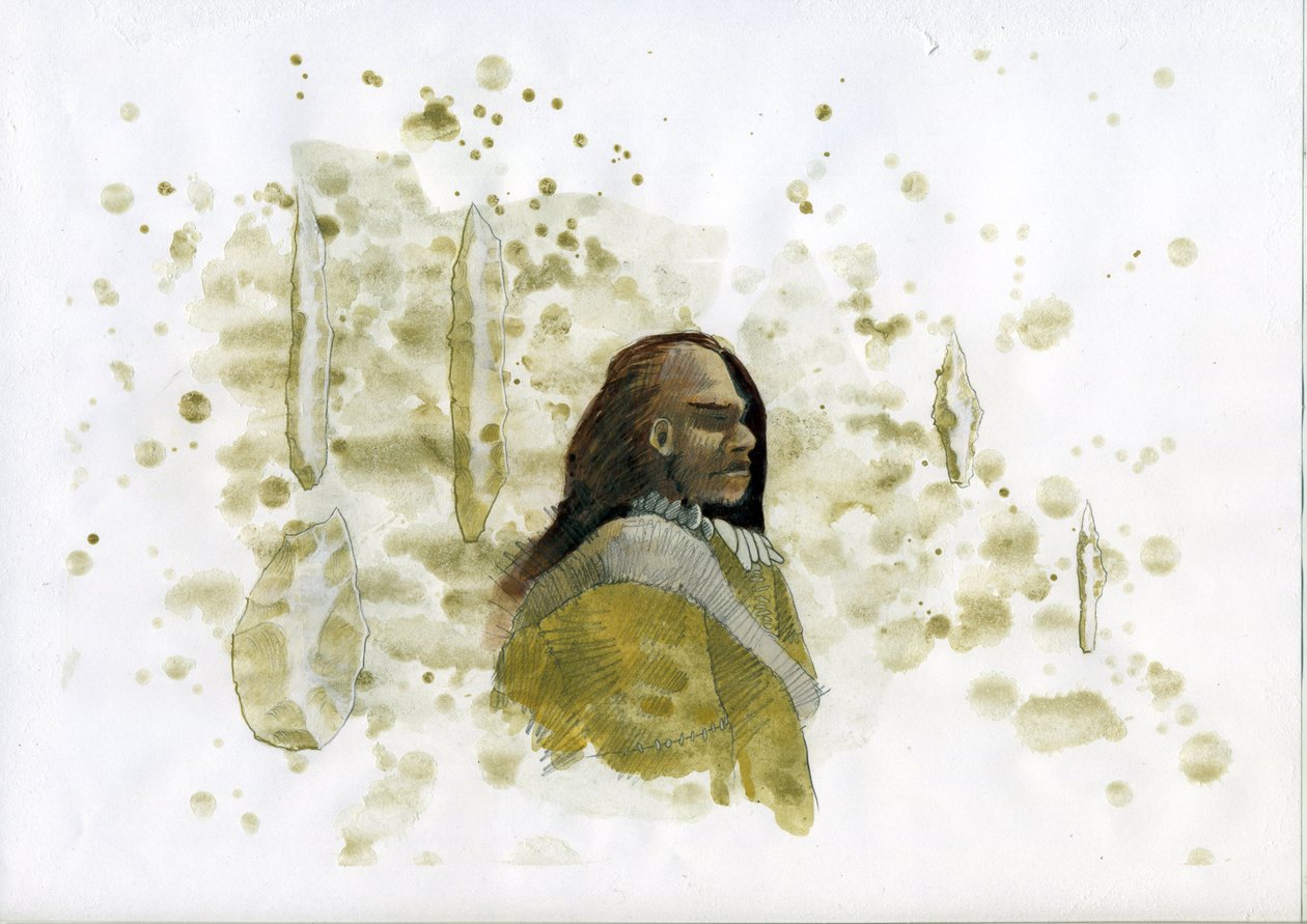 Forhistorie: Neandertalermand med flintværktøj Illustration af Alessandro Lonati af Alessandro Lonati