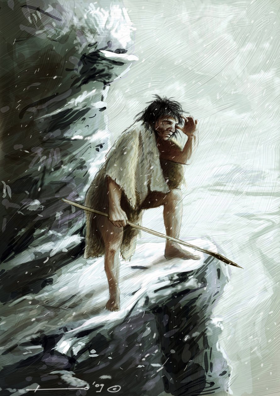 Forhistorie: en mand fra neandertaler (neandertaler eller neandertaler: Homo sapiens), under sneen, siddende på en sten ser ud i horisonten. Tegning af Alessandro Lonati af Alessandro Lonati