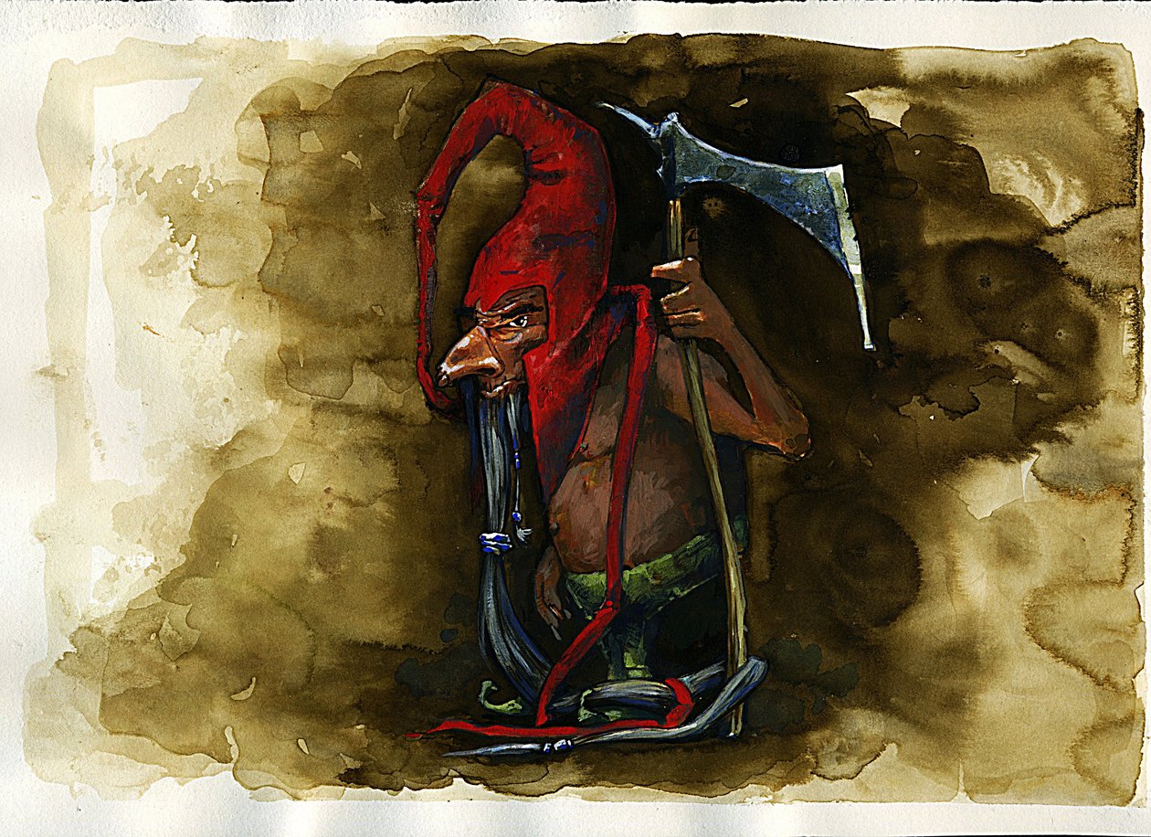 Repræsentation af en rød hætte (rød cap, powrie eller dunter, rød -bonnet) legendarisk ondskabsfuld væsen af Goblin -familien fra britisk folklore - (Redcap, Malevolent Morderous Dwarf, Goblin, Elf eller Fairy, af Alessandro Lonati