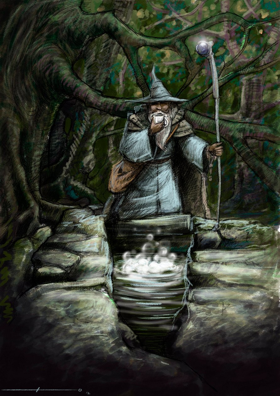 Repræsentation af en druide, der drikker ved Barentons vidunderlige springvand, i skoven Broceliande - Illustration af Alessandro Lonati - 2012 - af Alessandro Lonati