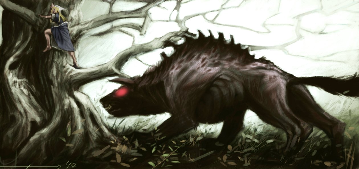 Repræsentation af den legendariske bete Gevaudan, der angriber en lille pige, der sidder på et træ. Illustration af Alessandro Lonati, 2010. af Alessandro Lonati