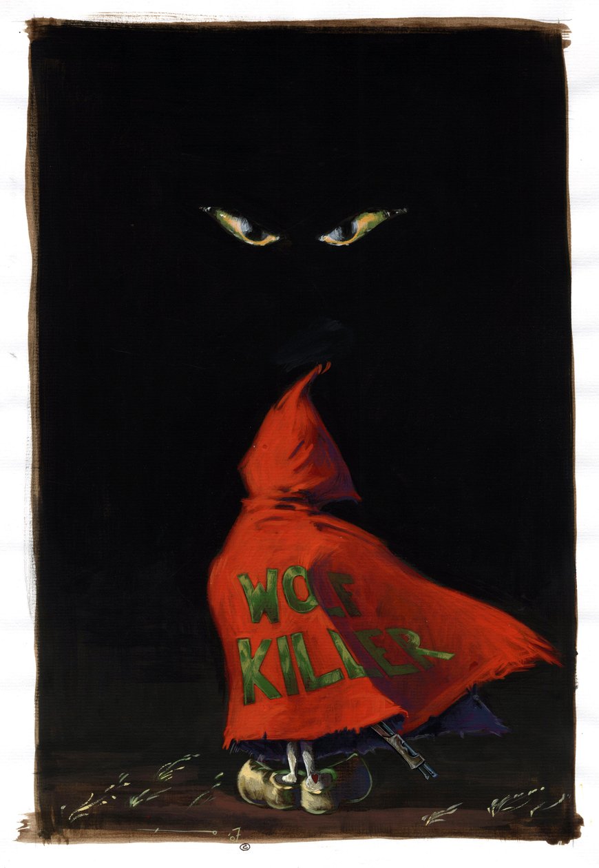 Revisited Little Red Riding Hood af Charles Perrault (1628-1703): Rødhætten står over for ulvens øjne i mørket med et haglgevær gemt under hans røde frakke "Wolf Killer"". Tegning af Alessandro Lonati af Alessandro Lonati