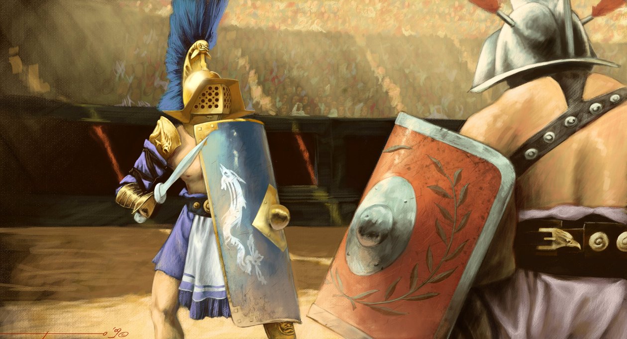 Romersk kunst: duel af gladiatorer mellem en mirmillo gladiator (til venstre) og en thrace i et amfiteater. Tegning af Alessandro Lonati af Alessandro Lonati
