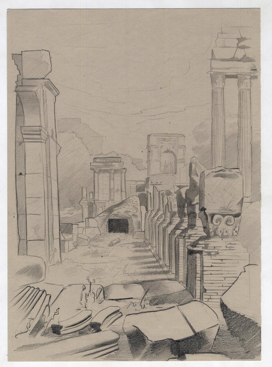 Ruiner af romertiden i Rom, Forum (foro romano) Tegning af Alessandro Lonati. af Alessandro Lonati