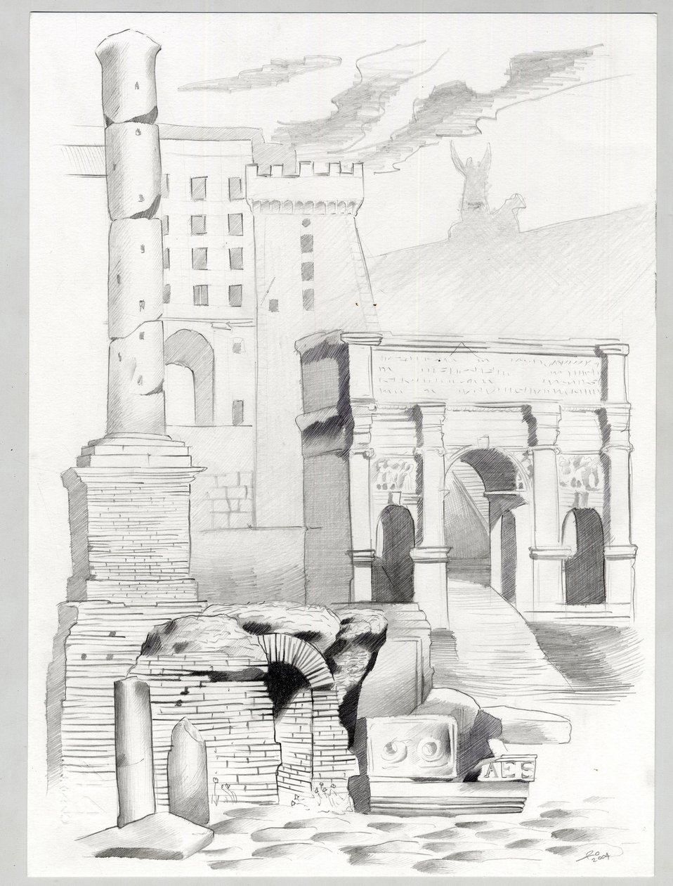 Ruiner af romertiden i Rom, Forum (foro romano) Tegning af Alessandro Lonati. af Alessandro Lonati