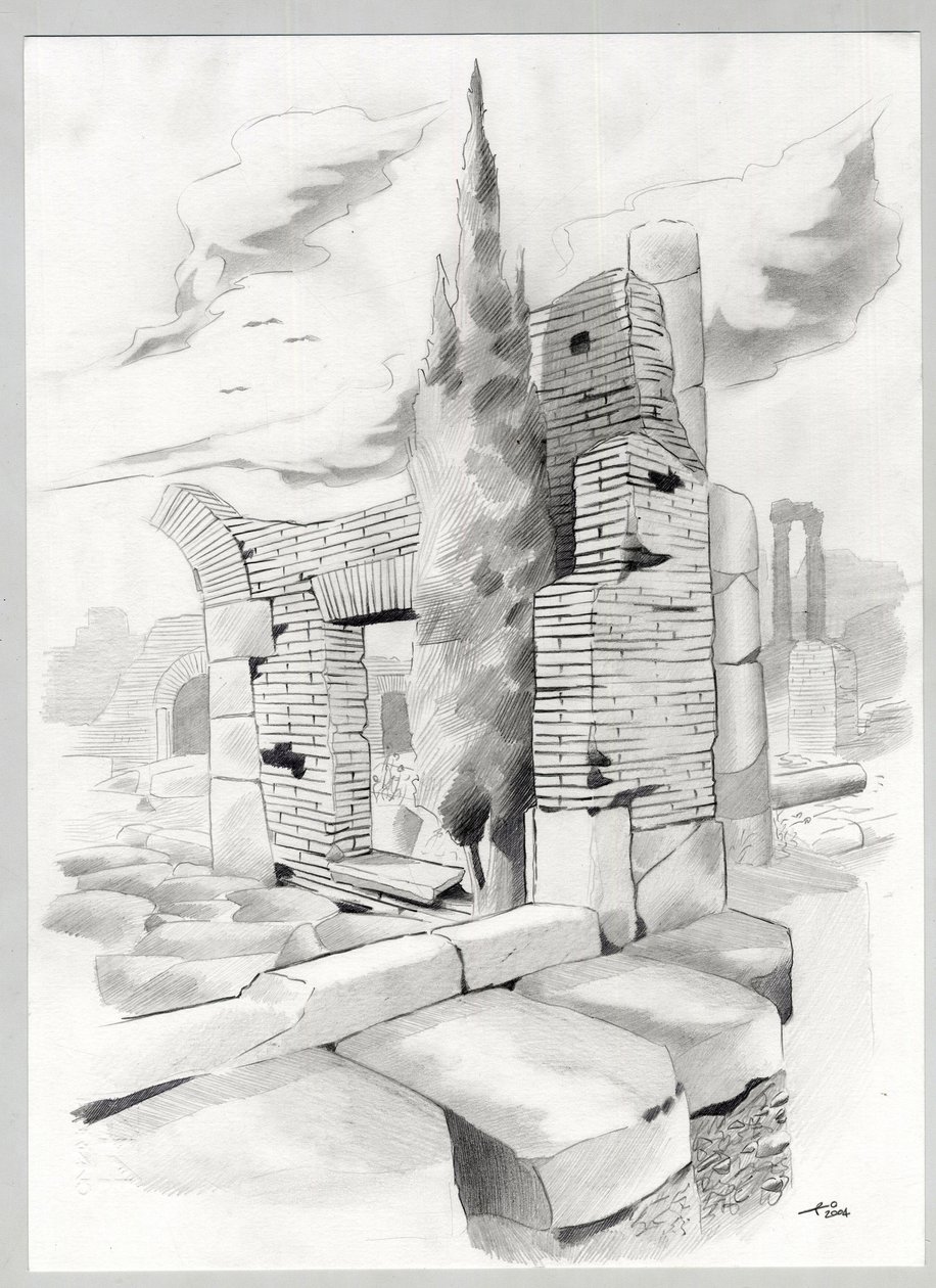 Ruiner af romertiden i Rom, Forum (foro romano) Tegning af Alessandro Lonati. af Alessandro Lonati
