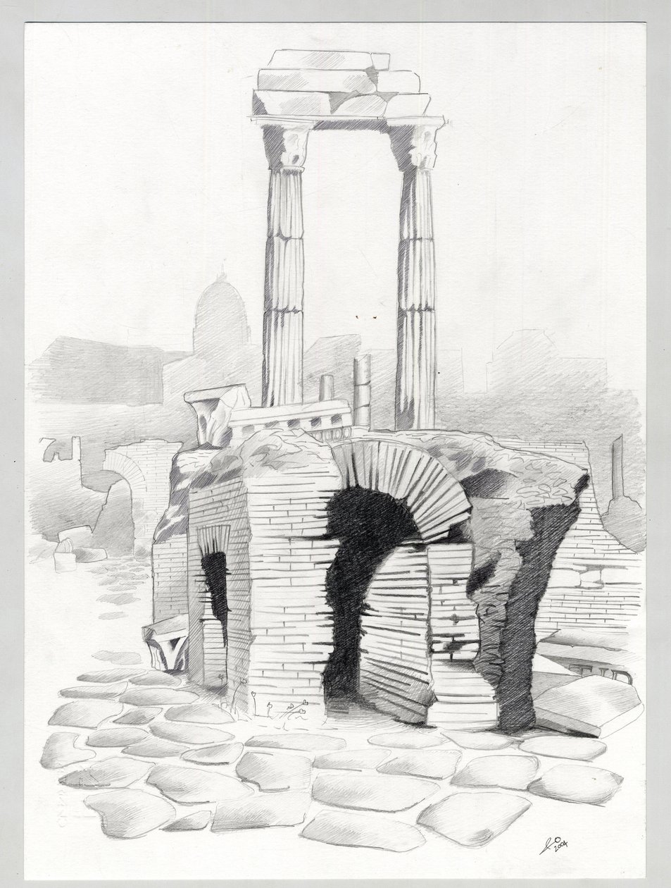 Ruiner af romertiden i Rom, Forum (foro romano) Tegning af Alessandro Lonati. af Alessandro Lonati