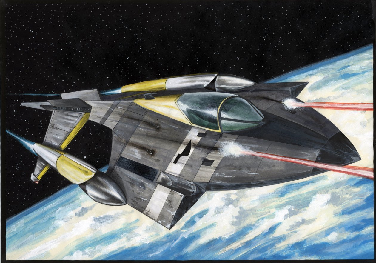 Science fiction-illustration: Rumskib med erobring af rummet eller universet trækker laserstråler over planeten Jorden. Tegning af Alessandro Lonati af Alessandro Lonati