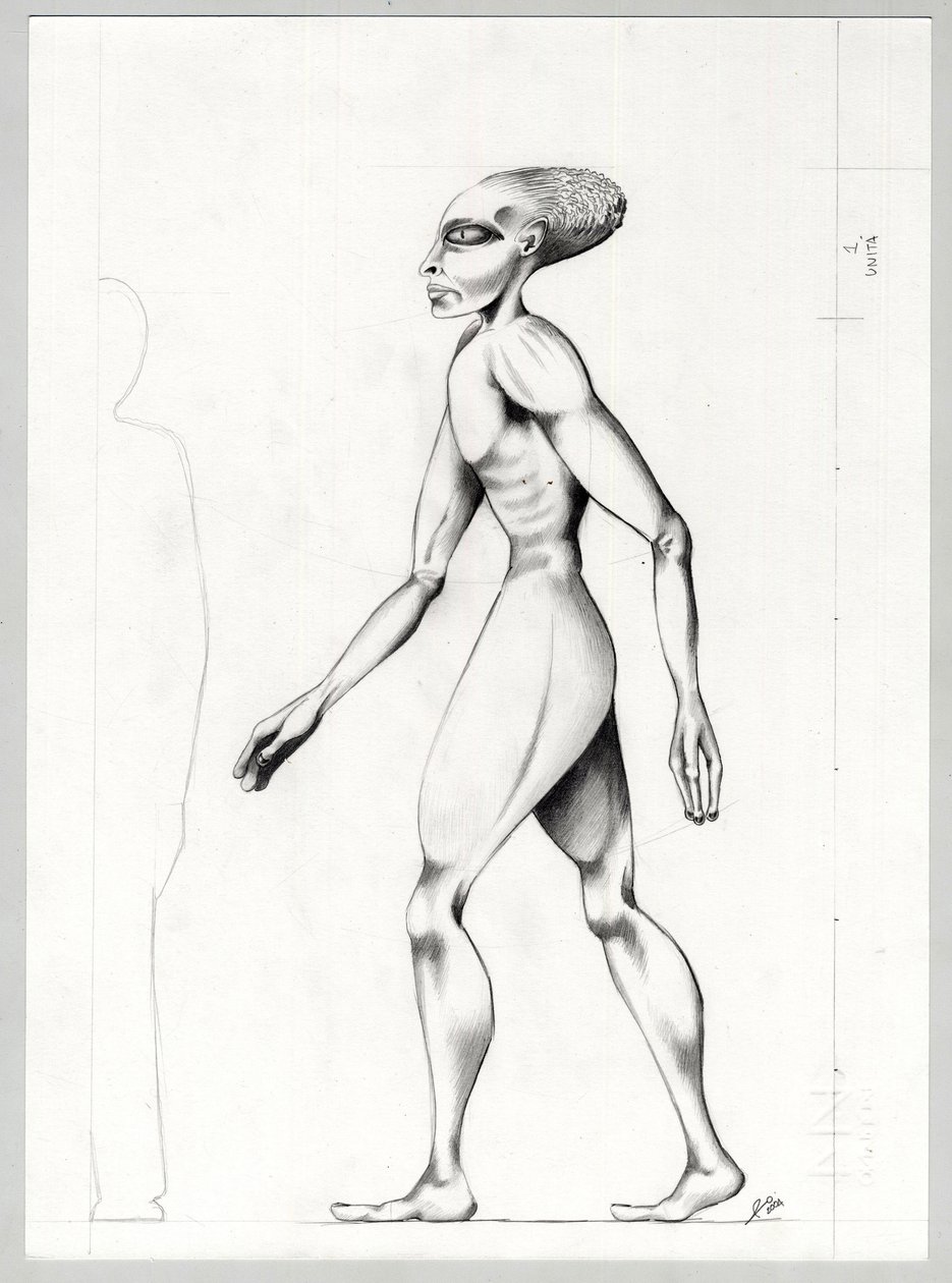 Science fiction-illustration: en alien eller alien (alien eller alien) fra planeten Mars til erobringen af rummet eller universet. Tegning af Alessandro Lonati af Alessandro Lonati
