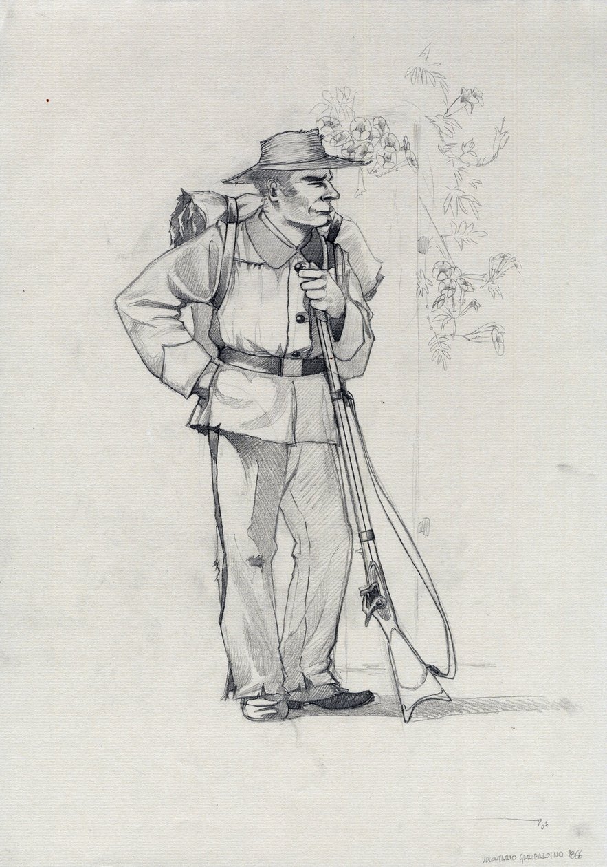 Andet imperium (1852-1870): Italiensk forening (Risorgimento), frivillig fra den garibaldianske hær kendt som "rød skjorte"-kæmper for Giuseppe Garibaldis (1807-1882) sag i Italien af Alessandro Lonati