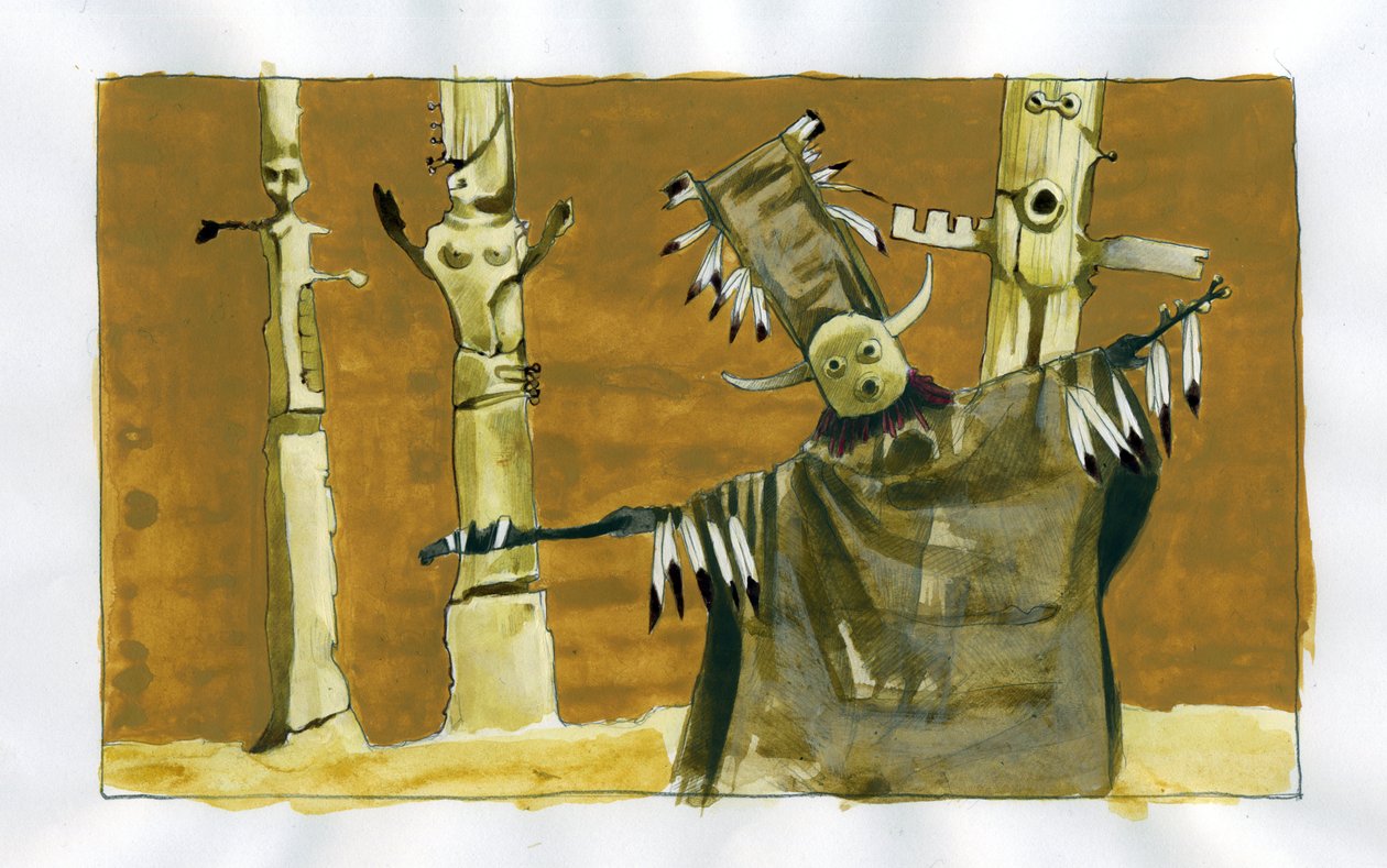 Shamanisme: åndelig ceremoni centreret om formidlingen mellem mennesker og naturånder - shaman og hans totems Illustration af Alessandro Lonati af Alessandro Lonati