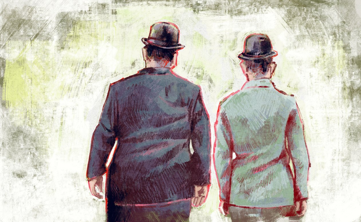 Stan Laurel og Oliver Hardy marcherer mod horisonten (illustration) af Alessandro Lonati
