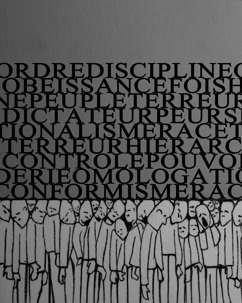 Vægten af diktatur, undertrykkelse, disciplin over mennesket, skare knust af magt og frygt for tyranner - Illustration 2014 af Alessandro Lonati