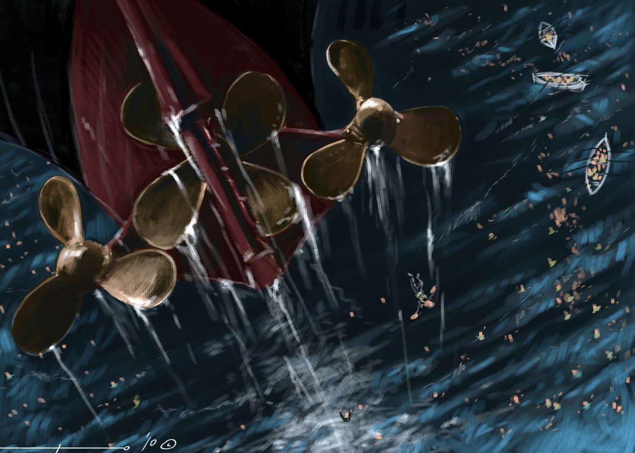 Udsigt over helixerne på det transatlantiske linjeskib Titanic på tidspunktet for forliset den 14. og 15. april 1912. Illustration af Alesandro Lonati. 2010 af Alessandro Lonati