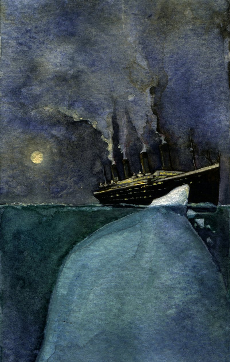 Udsigt over det transatlantiske linjeskib Titanic på tidspunktet for forliset den 14. og 15. april 1912, forårsaget af kollisionen med et isbjerg. Illustration af Alessandro Lonati. 2011 af Alessandro Lonati