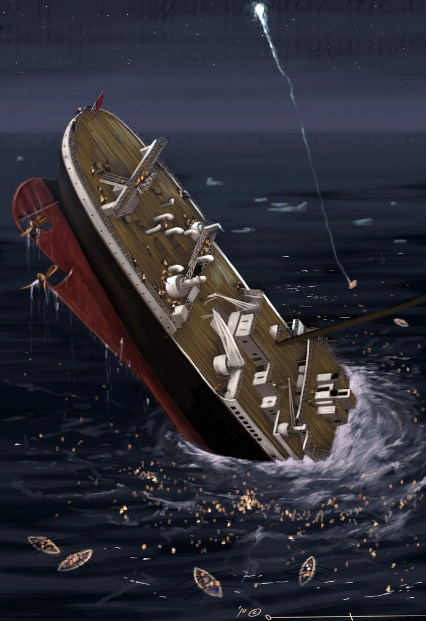 Udsigt over det transatlantiske linjeskib Titanic på tidspunktet for forliset den 14. og 15. april 1912. Illustration af Alesandro Lonati. 2010 af Alessandro Lonati