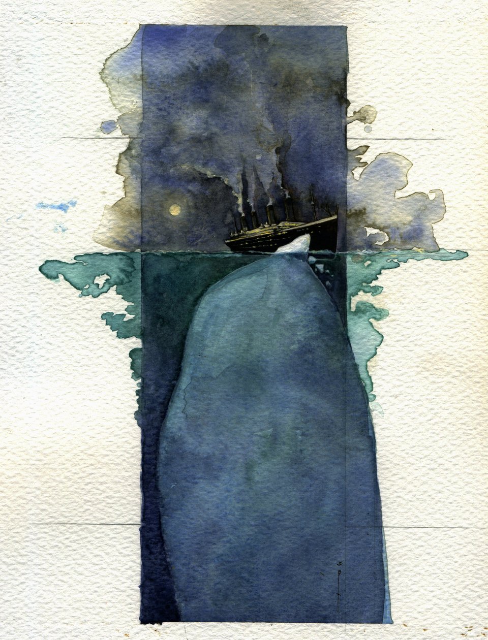 Udsigt over det transatlantiske linjeskib Titanic på tidspunktet for forliset den 14. og 15. april 1912, forårsaget af kollisionen med et isbjerg. Illustration af Alessandro Lonati. 2011 af Alessandro Lonati