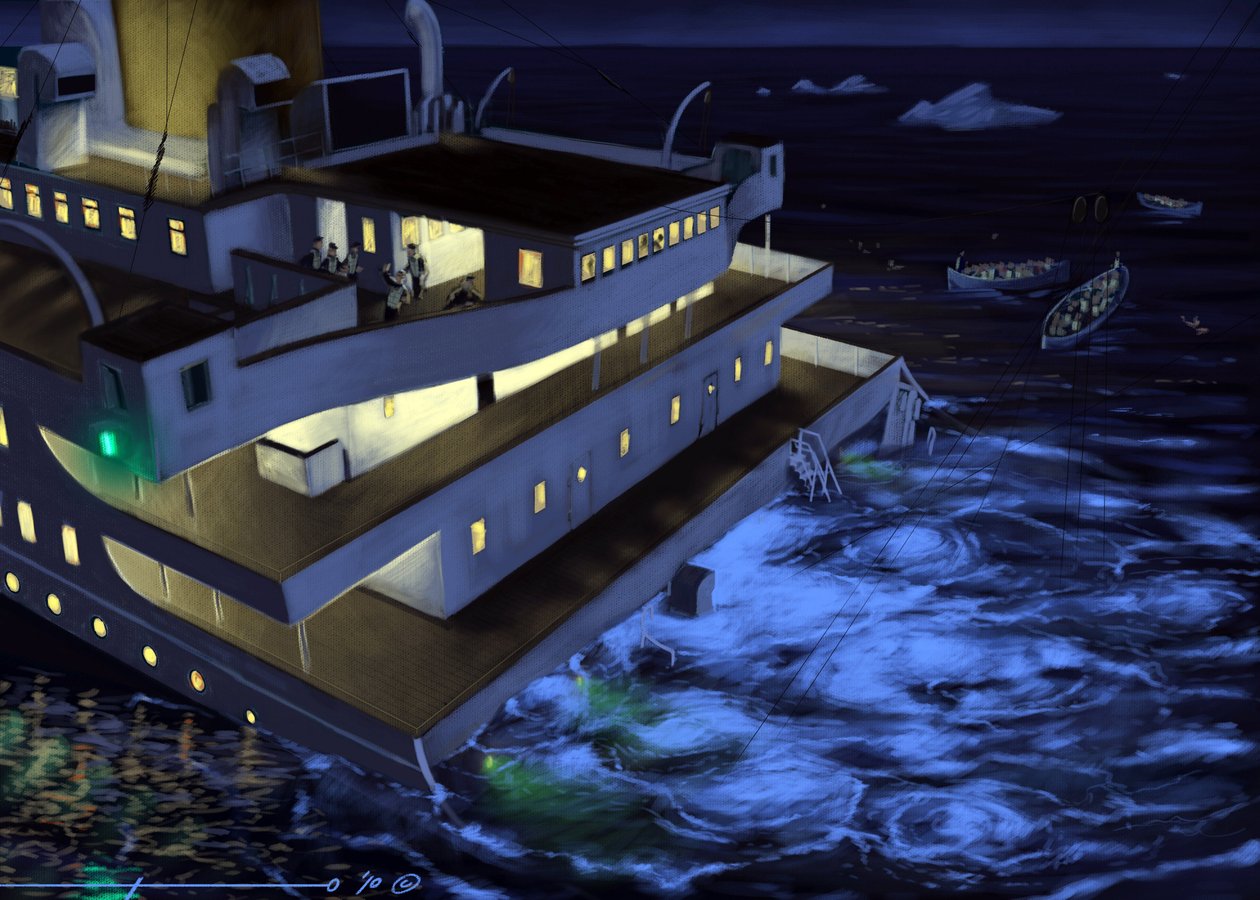 Udsigt over det transatlantiske linjeskib Titanic på tidspunktet for forliset den 14. og 15. april 1912. Illustration af Alesandro Lonati. 2010 af Alessandro Lonati