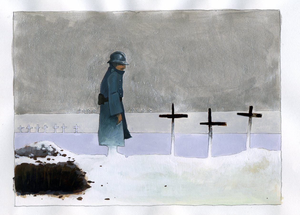 Første Verdenskrig: en fransk soldat i en krigsgrav, der ser på korsene af Alessandro Lonati