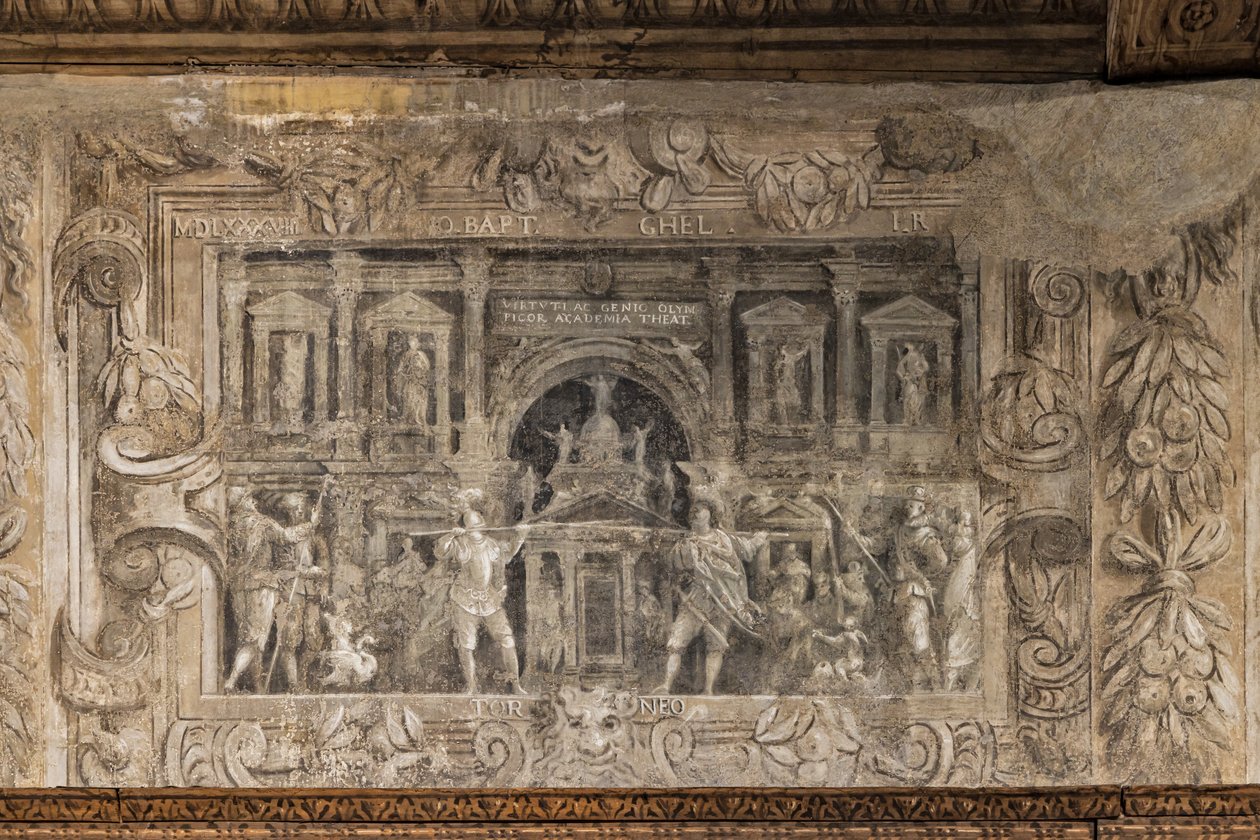 Teaterproduktioner kurateret af akademiet, Hall of the vestibule (monokrom fresco) af Alessandro Maganza
