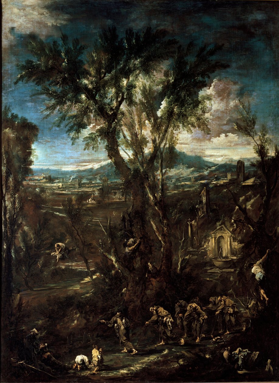 Fantastisk landskab med munke maleri af Alessandro Magnasco dit il Lissandrino (1667-1749) 1720 Dim.237x175 cm Pinacoteca di Brera Milan af Alessandro Magnasco