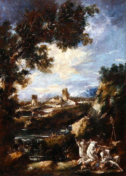 Landskab med karmelitbrødre, der beder ved en helligdom ved vejen, ca. 1720 (olie på lærred) af Alessandro Magnasco