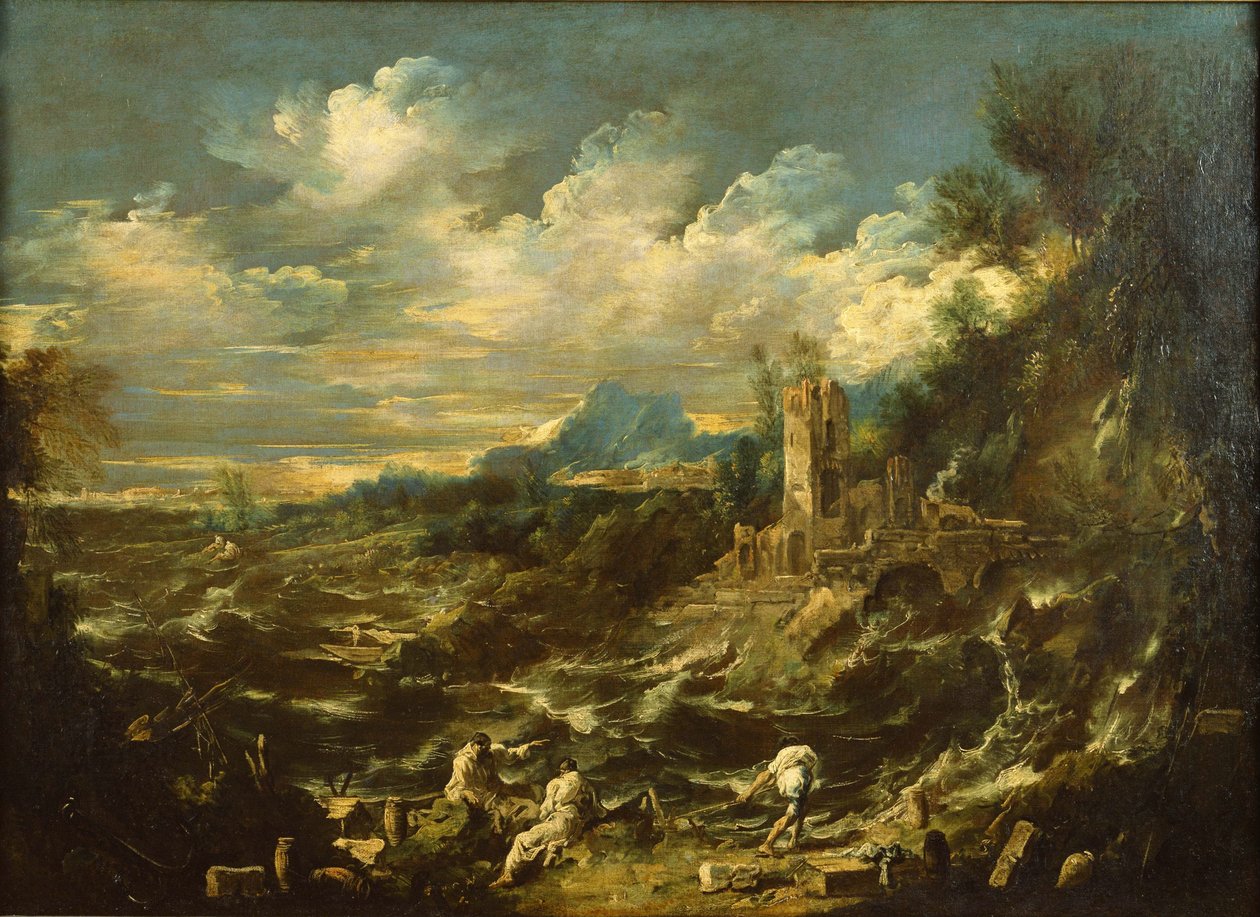 Landskab med stormfuldt hav, ca 1720 af Alessandro Magnasco