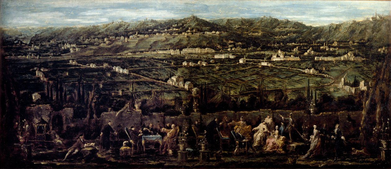 Stue i en udendørs have i Albaro Mondanites. Maleri af Alessandro Magnasco siger il Lissandrino (1667-1749) 1735 omkring Galleria di Palazzo Bianco, Genes af Alessandro Magnasco