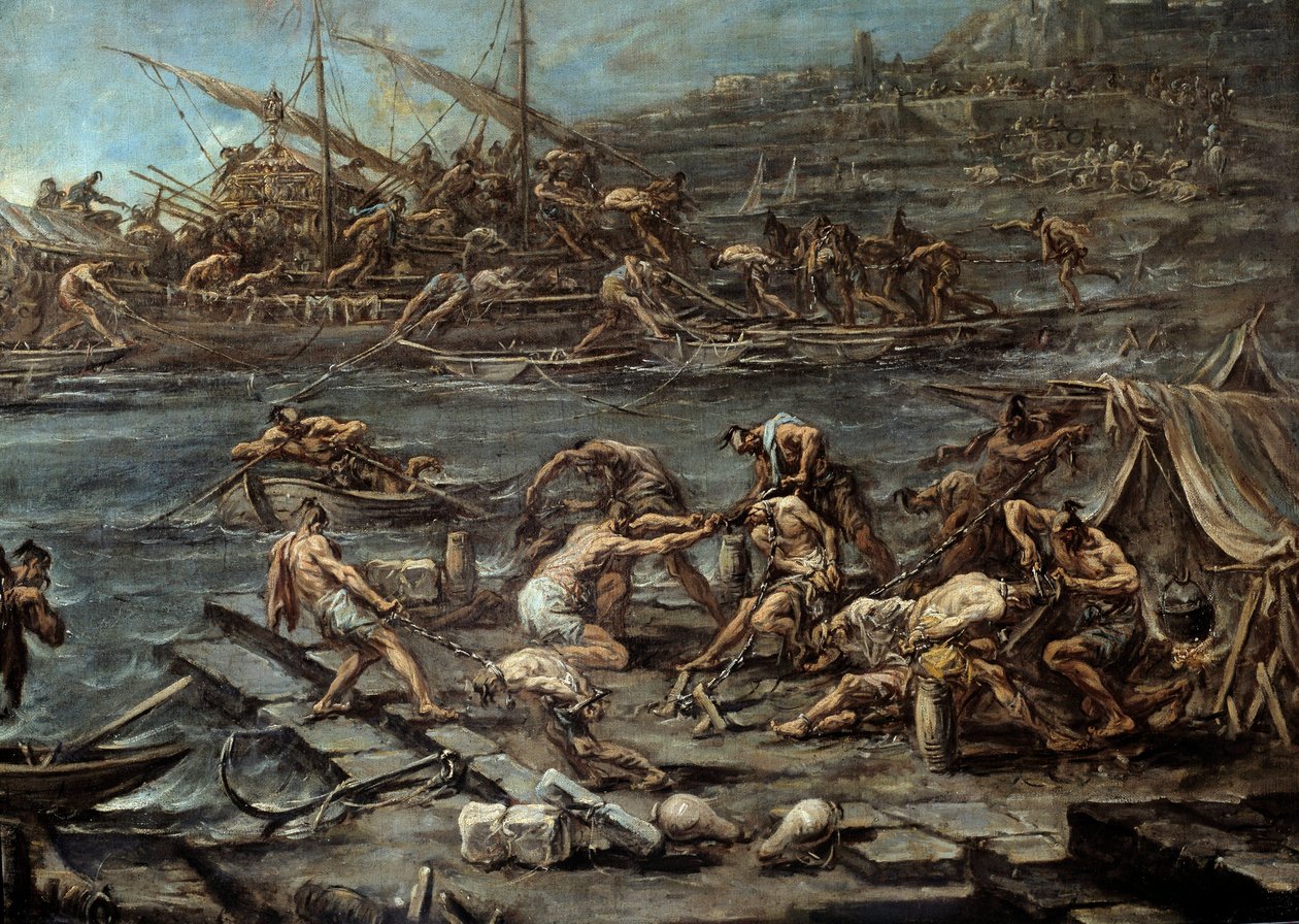 Ombordstigningen af galerianerne i havnen i Genes Detail. Maleri af Alessandro Magnasco (1667-1749). Svag. 1,16 x 1,42. Bordeaux, Museum of Fine Arts af Alessandro Magnasco