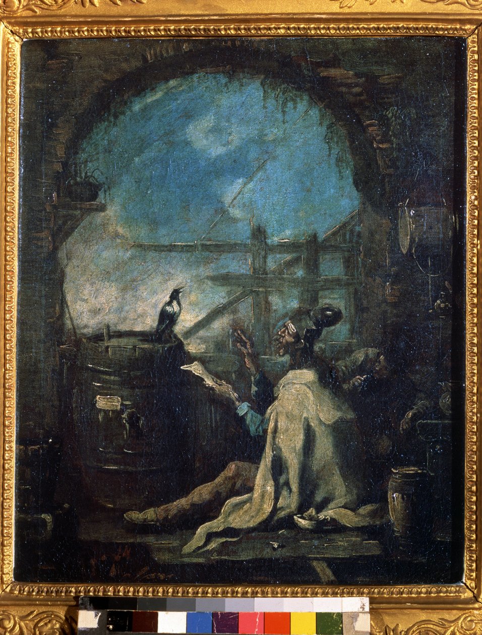 ""En klovn, der lærer en magpie"" (En klovn, der træner en magpie) En cirkusmand, der lærer tal til en magpie. Maleri af Alessandro Magnasco (1667-1749) Pushkin Museum fra det 18. århundrede, Moskva af Alessandro Magnasco