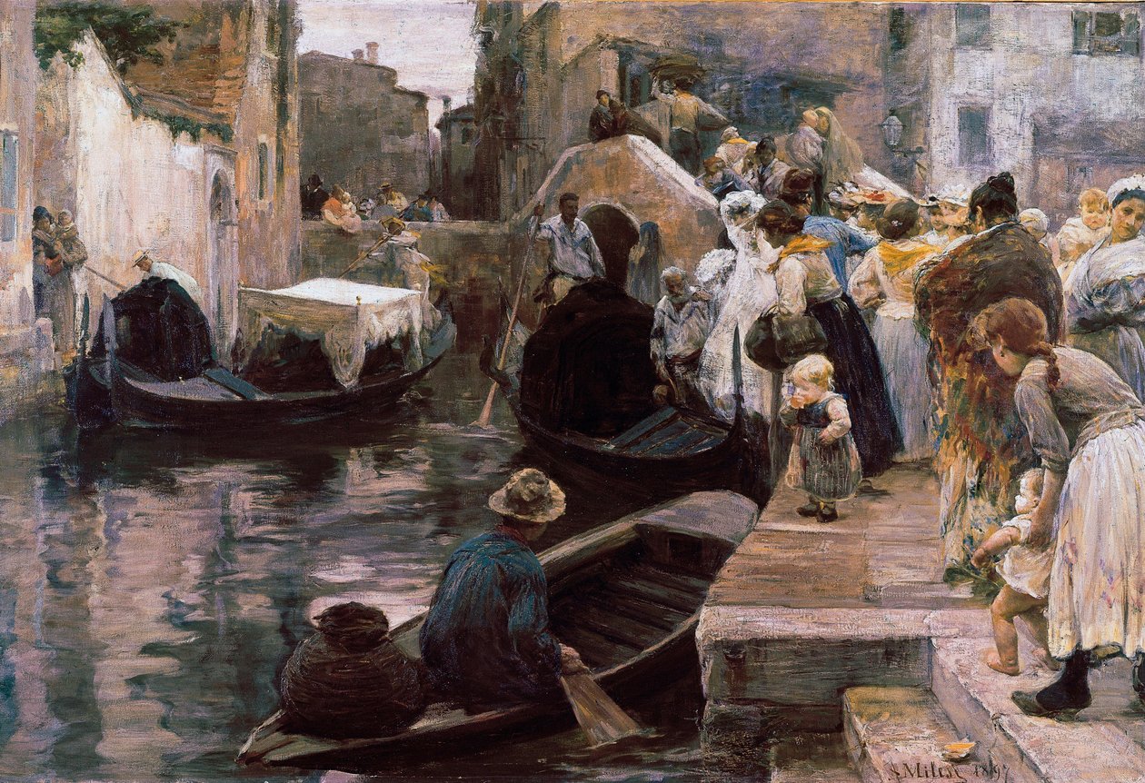 ""Bryllup i Venedig"" De nygifte kører på en gondol. Maleri af Alessandro Milesi (1856-1945) 1897 Rom. Galleria Nazionale d