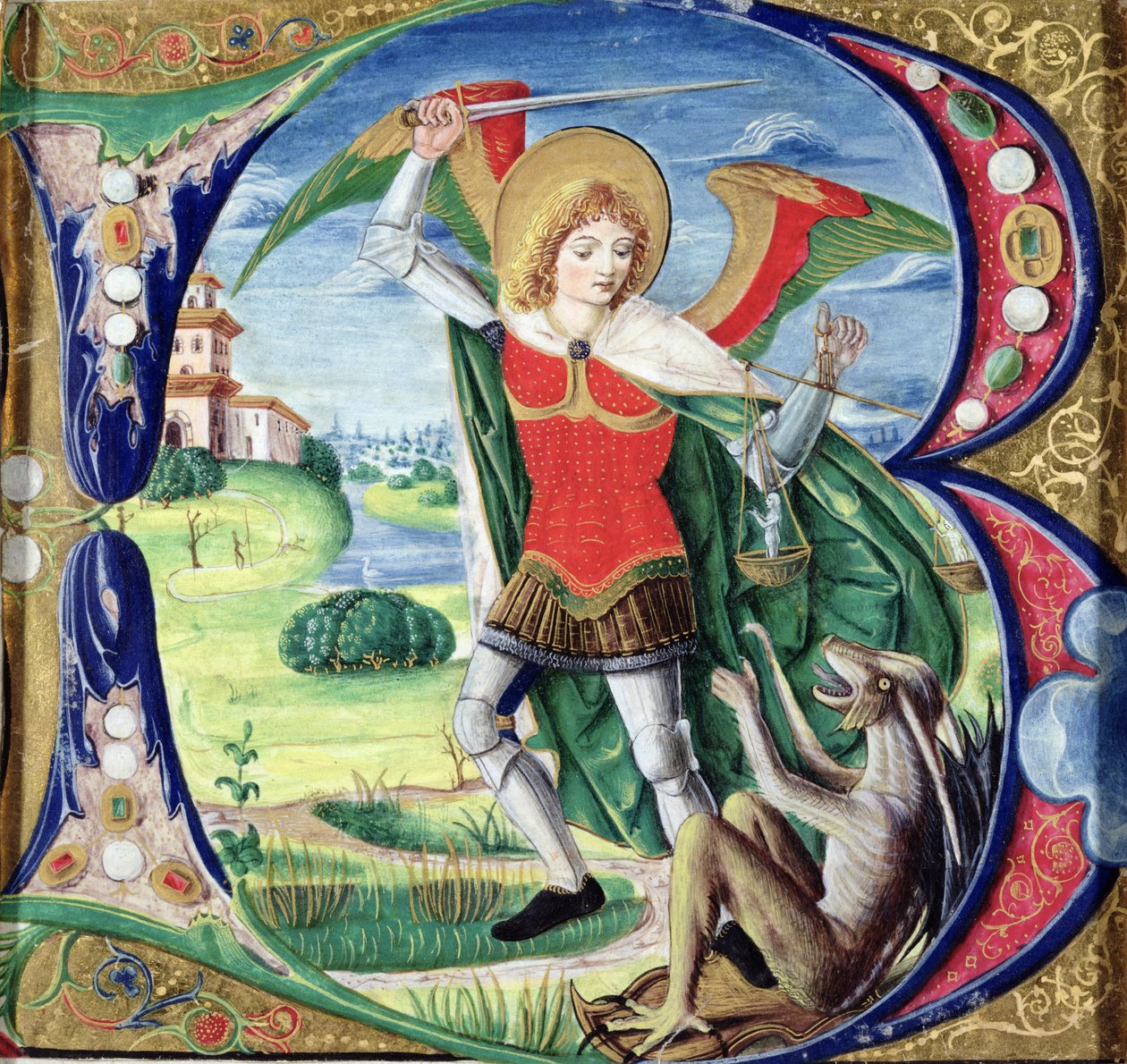 Historieret bogstav "B" med St. Michael og dragen, 1499-1511 af Alessandro Pampurino