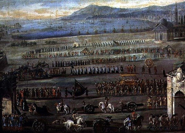Begravelsesoptoget for dogen F. Morosini (olie på lærred) af Alessandro Piazza
