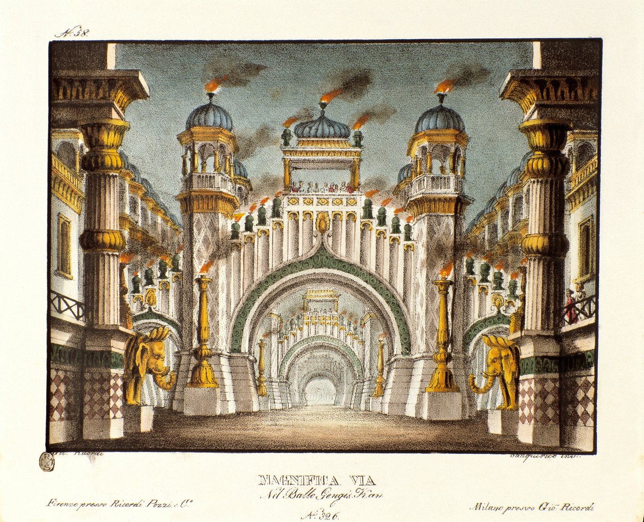 Et tempel på tidspunktet for Genghis Khan Scenografi til balletten "" Genis-Kan "af den italienske koreograf Giovanni Galzerani (1780-1865) (1828). Litografi i "" Samling af naturskønne opfindelser fra 1830 af Alessandro Sanquirico (1777-1849) ". Milanesis af Alessandro Sanquirico