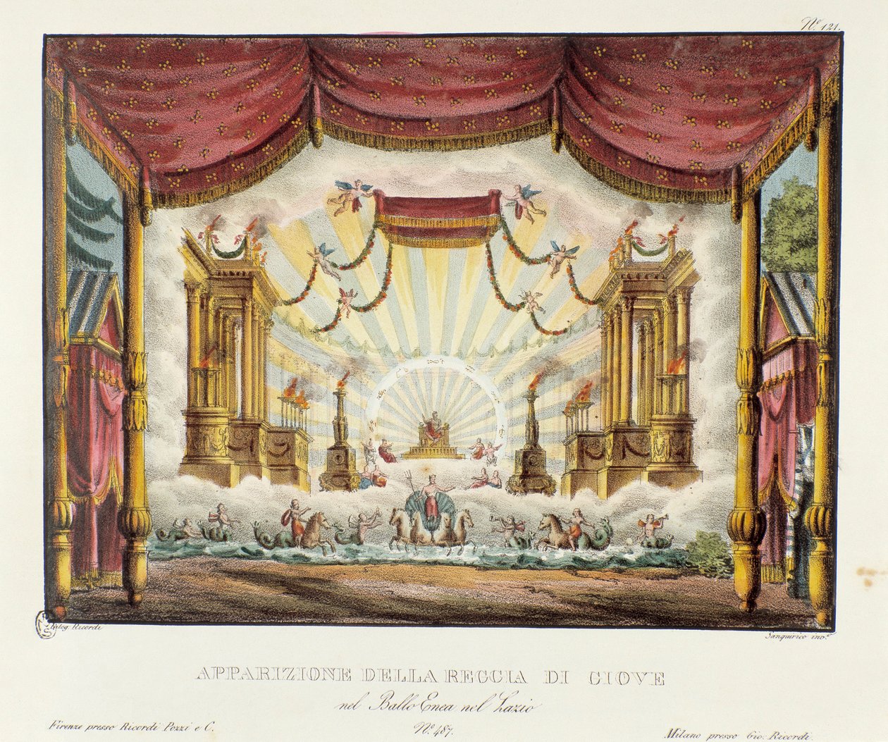 Udseende af Jupiters rige Scenografi til repræsentation af operadramaet "" Enea nel Lazio "" (1799) af Giuseppe Sarti. Litografi i "" Samling af naturskønne opfindelser fra 1830 af Alessandro Sanquirico (1777-1849) ". Milanesisk privat kol af Alessandro Sanquirico