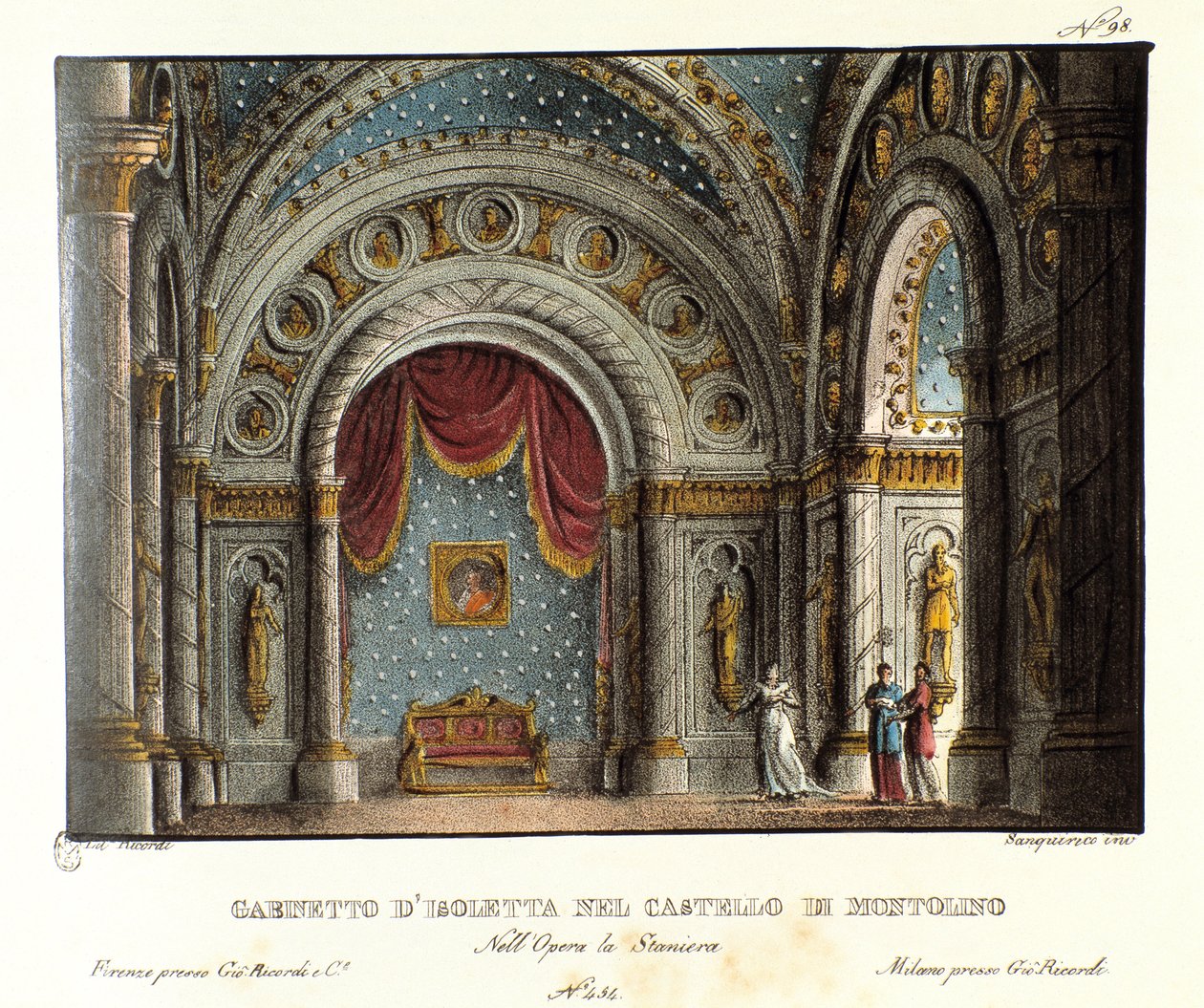 Isolettas kabinet på Montolino Slot i Bretagne Scenografi til opførelsen på Teatro alla scala i 1829 af operaen "La straniera" "(1828) af Vincenzo Bellini. Litografi i "" Samling af naturskønne opfindelser fra 1830 af Alessandro Sanquirico af Alessandro Sanquirico