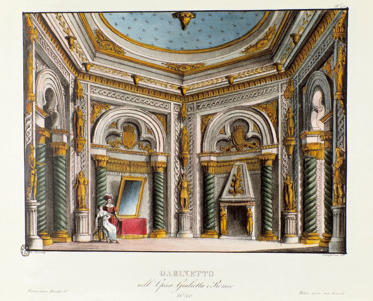 Julies private lejligheder Scenografi til opførelsen på Teatro Carcano i 1829 af operaen "Giulietta e Romeo" (Juliet og Romeo) (1796) af Niccolo Antonio Zingarelli efter stykket "Romeo og Julie"" af William Shakespeare. Litografi i "" Rac af Alessandro Sanquirico